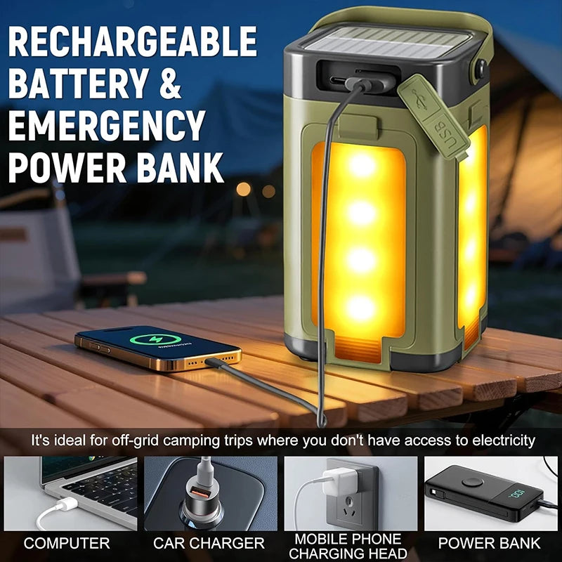 Solar Camping Light Rechargeable, Multifunctional 4-Blade Folding Lantern Outside with 6 Lighting Mode, IPX4 Portable Tent Lamp