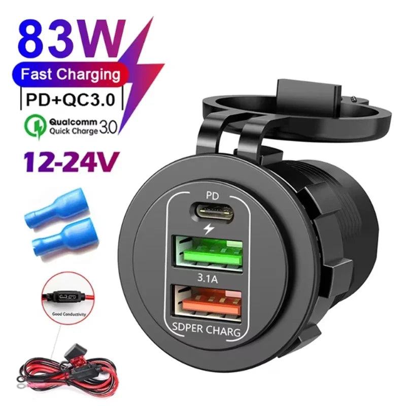 NEW 3/4 Ports Dual PD Dual QC 3.0 USB Car Charger with Voltmeter Socket Power Outlet Adapter Waterproof for 12V/24V Car Boat