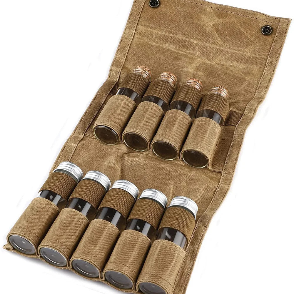 9pcs Outdoor jar storage bags,canvas seasoning storage bag organizer outdoor camping barbecue picnic seasoning container set