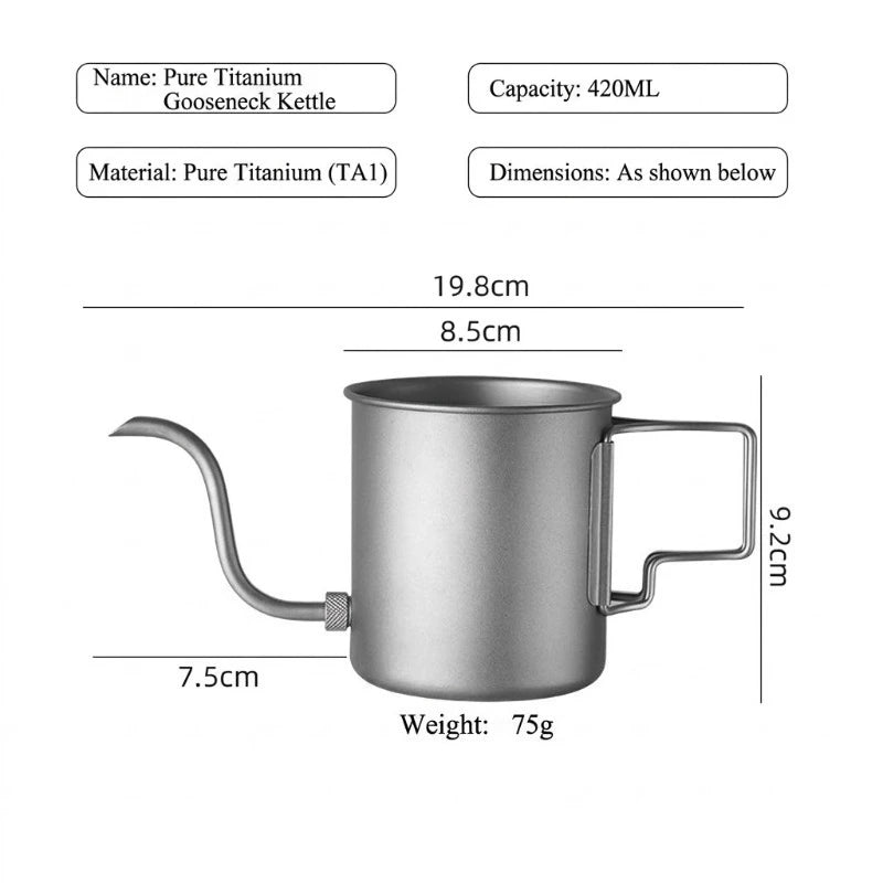 Ultralight 420ml Grade Titanium Pour Over Coffee Kettle Gooseneck Spout Folding Handle for Camping Hiking Travel Boat Travel