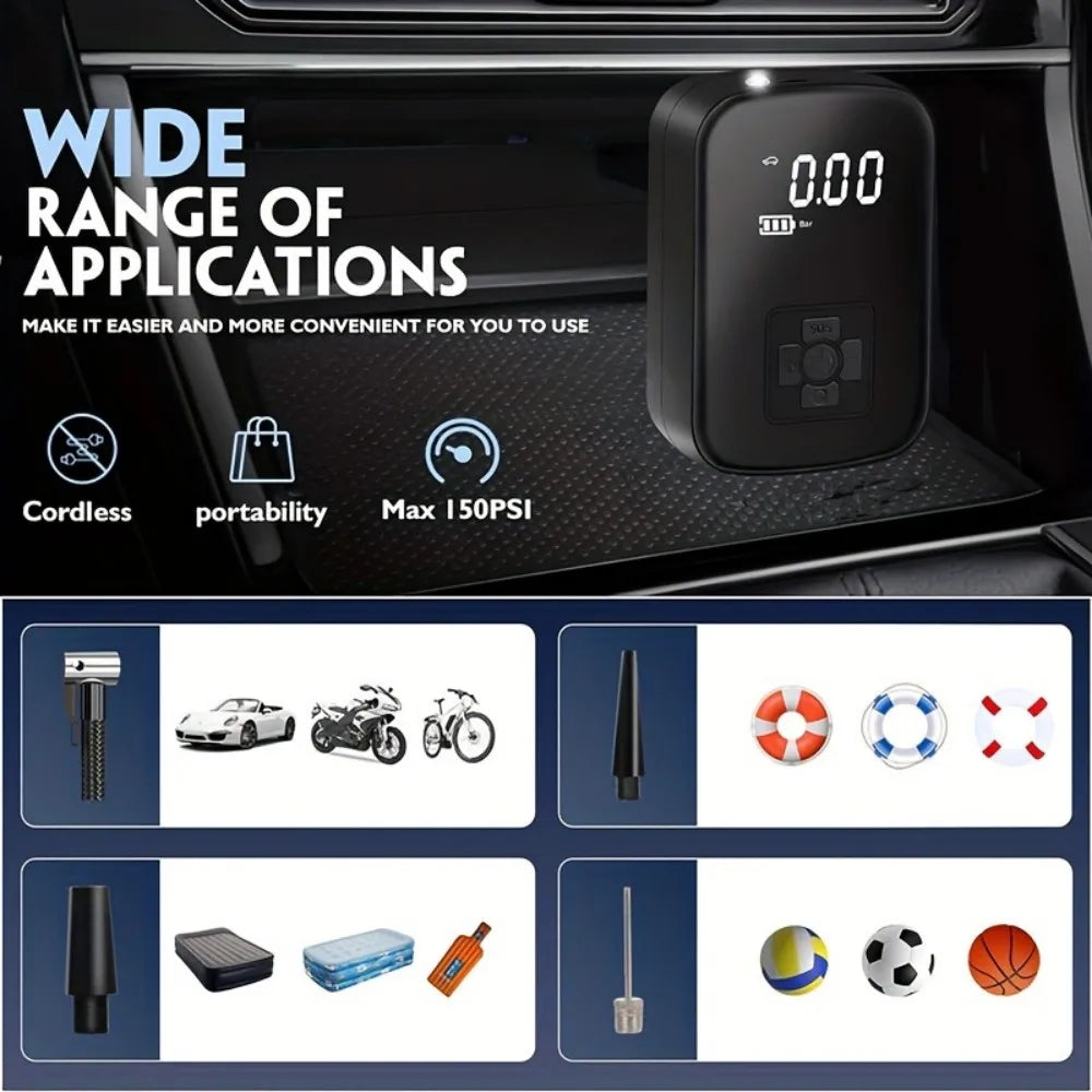 Digital Display Air Pump Portable Tire Inflator Smart Rechargeable Air Compressor With LED Light Automatic Wireless Tire Inflation for Car Motorcycle Boat Tyre Balls