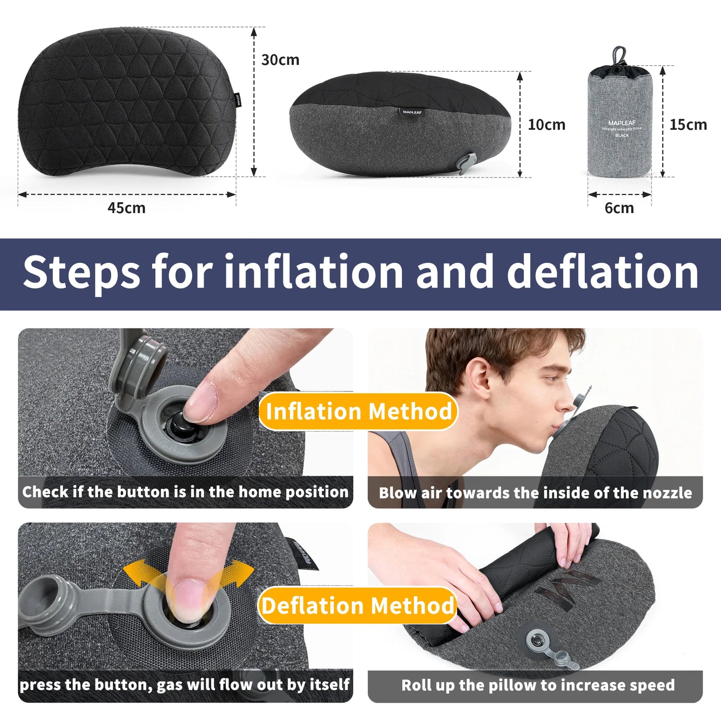 MAPLEAF Inflatable Camping Pillow Removable Cover Ultralight Ergonomic Neck Lumbar Support Compact Backpacking Hiking Travel Air