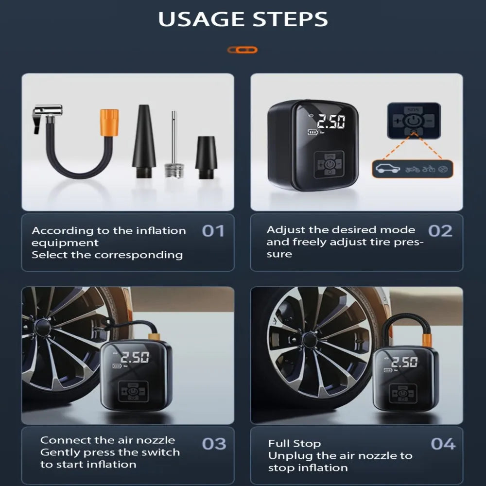 Digital Display Air Pump Portable Tire Inflator Smart Rechargeable Air Compressor With LED Light Automatic Wireless Tire Inflation for Car Motorcycle Boat Tyre Balls
