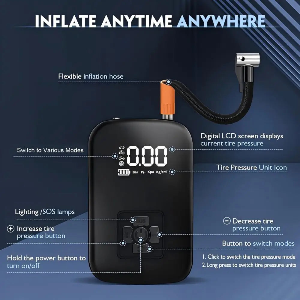 Digital Display Air Pump Portable Tire Inflator Smart Rechargeable Air Compressor With LED Light Automatic Wireless Tire Inflation for Car Motorcycle Boat Tyre Balls