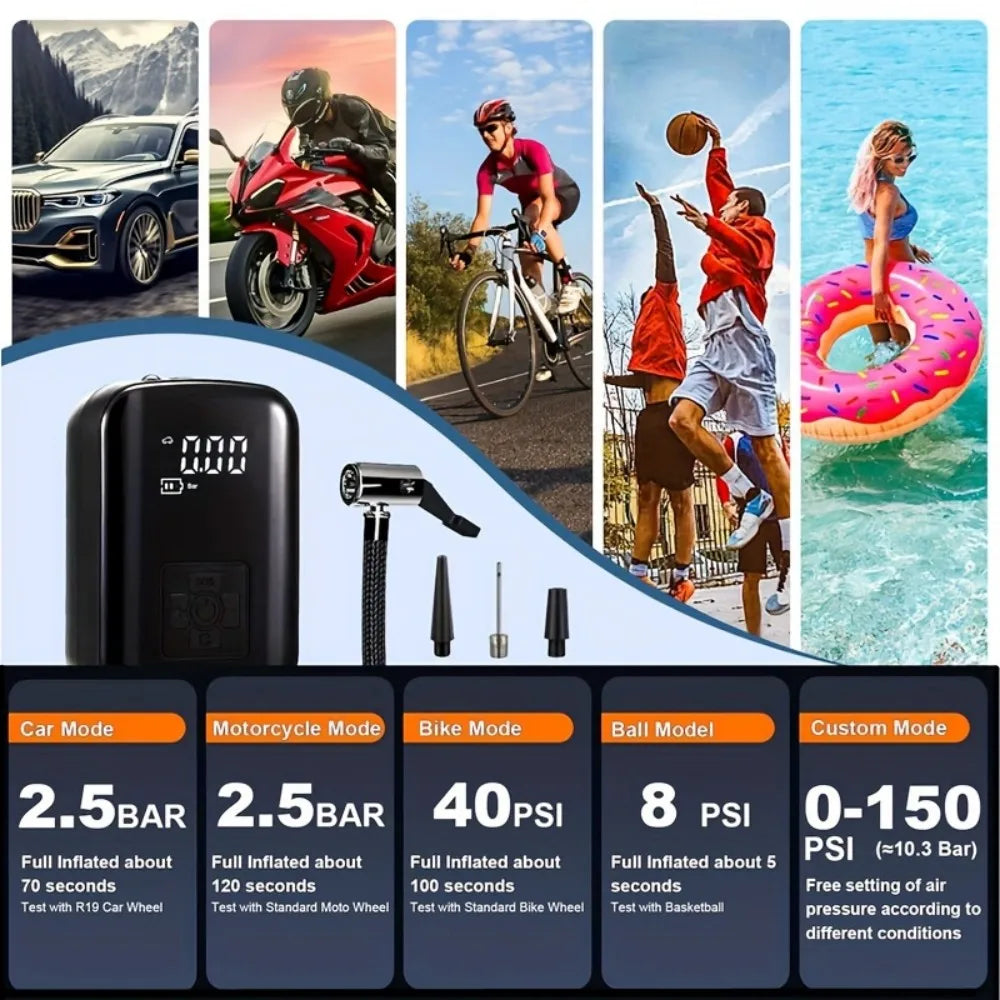 Digital Display Air Pump Portable Tire Inflator Smart Rechargeable Air Compressor With LED Light Automatic Wireless Tire Inflation for Car Motorcycle Boat Tyre Balls