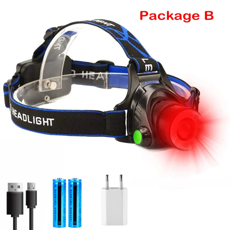 D2 670nM Red Beam Light Headlamp Hunting Zoomable LED Headlight 3 Lighting Modes Water Resistant Running Camping Hiking Reading