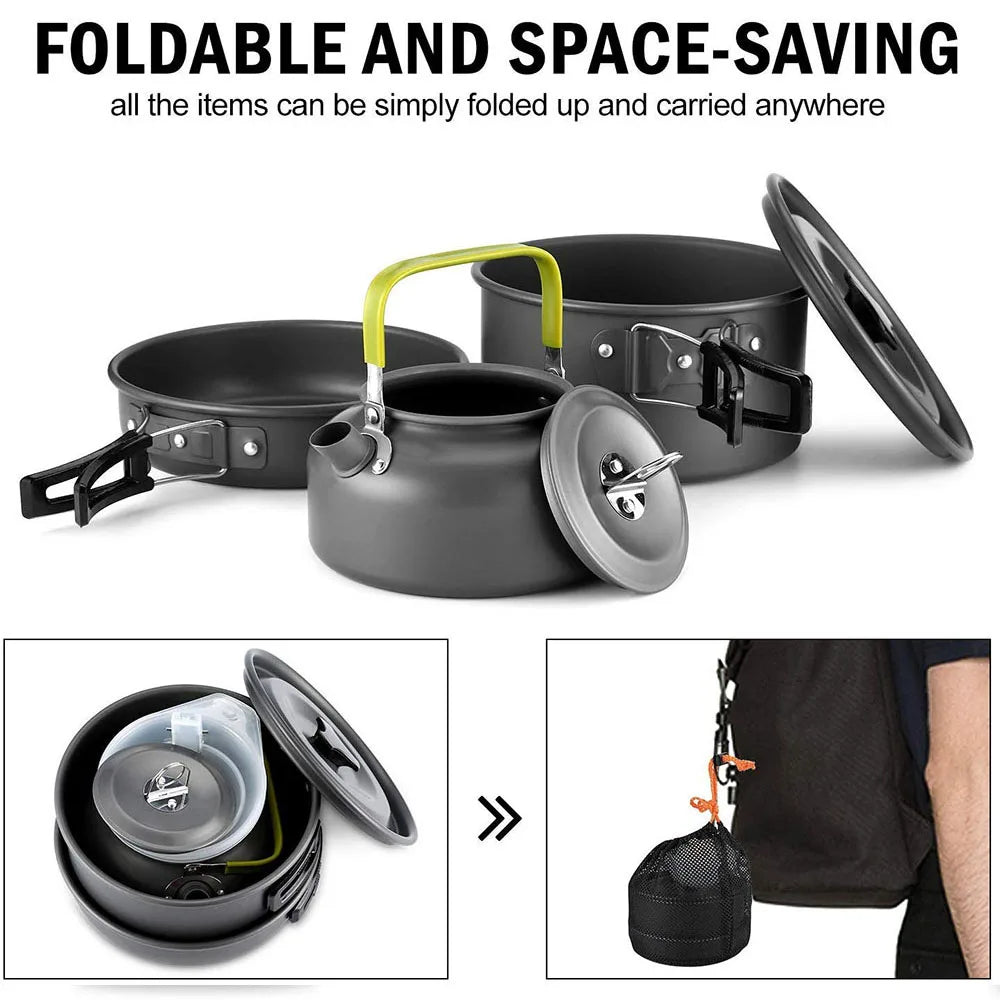 Outdoor camping cookware set made of aluminum alloy material not easy to stick to the pot nested packaging convenient to carry