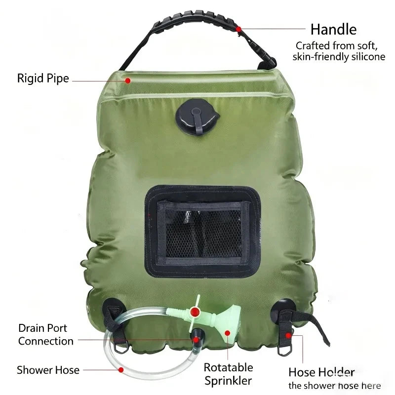 Portable Solar Heating Water Bag 20L, Black  Shower Bag for Camping Hiking Backpacking Outdoor Emergency Use
