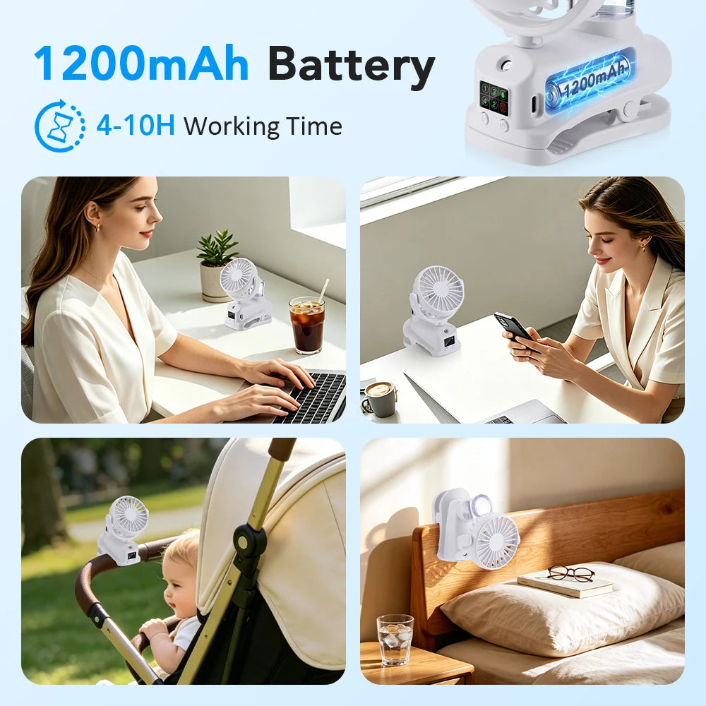 2026 Portable Clip On Fan 4 Speeds USB Mini Air Cooling Fan With Humidifier For Car Desk Camping 360°Rotatable Mist Spray Fan
