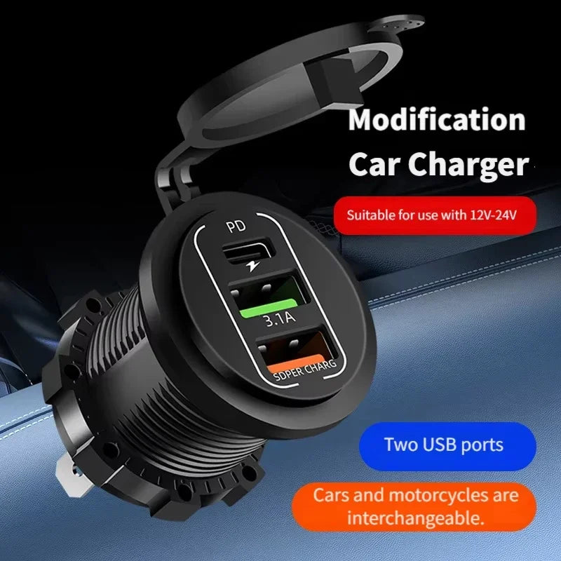 NEW 3/4 Ports Dual PD Dual QC 3.0 USB Car Charger with Voltmeter Socket Power Outlet Adapter Waterproof for 12V/24V Car Boat