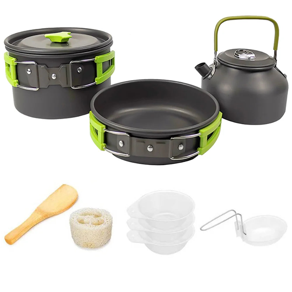Outdoor camping cookware set made of aluminum alloy material not easy to stick to the pot nested packaging convenient to carry