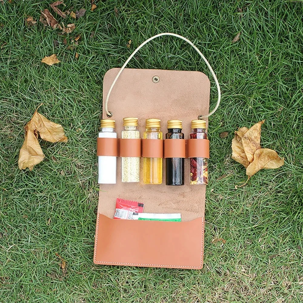 Outdoor Camping Spice Bottle Set Portable Leather Waterproof Camping Hiking Picnic BBQ Barbecue Seasoning Bottle Storage Bag