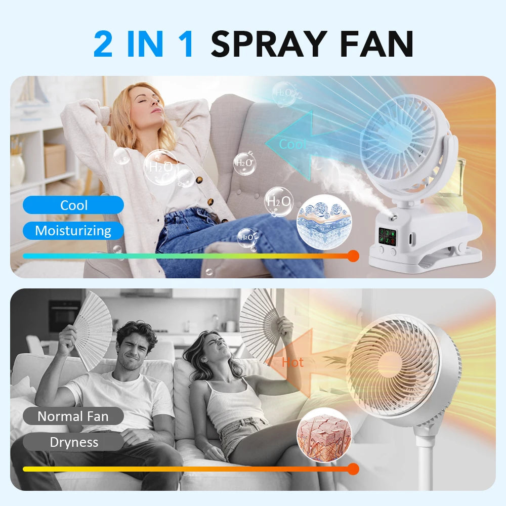 2026 Portable Clip On Fan 4 Speeds USB Mini Air Cooling Fan With Humidifier For Car Desk Camping 360°Rotatable Mist Spray Fan