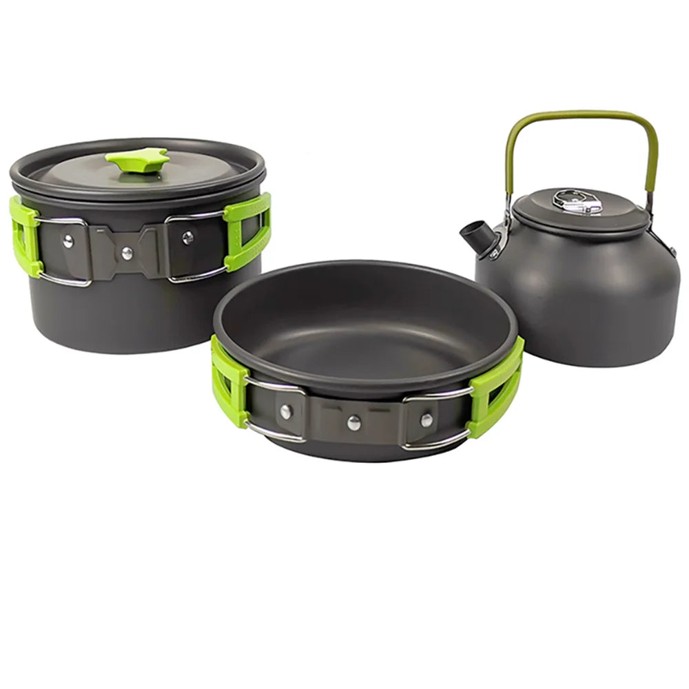 Outdoor camping cookware set made of aluminum alloy material not easy to stick to the pot nested packaging convenient to carry