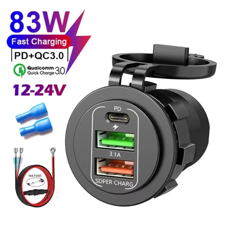 NEW 3/4 Ports Dual PD Dual QC 3.0 USB Car Charger with Voltmeter Socket Power Outlet Adapter Waterproof for 12V/24V Car Boat