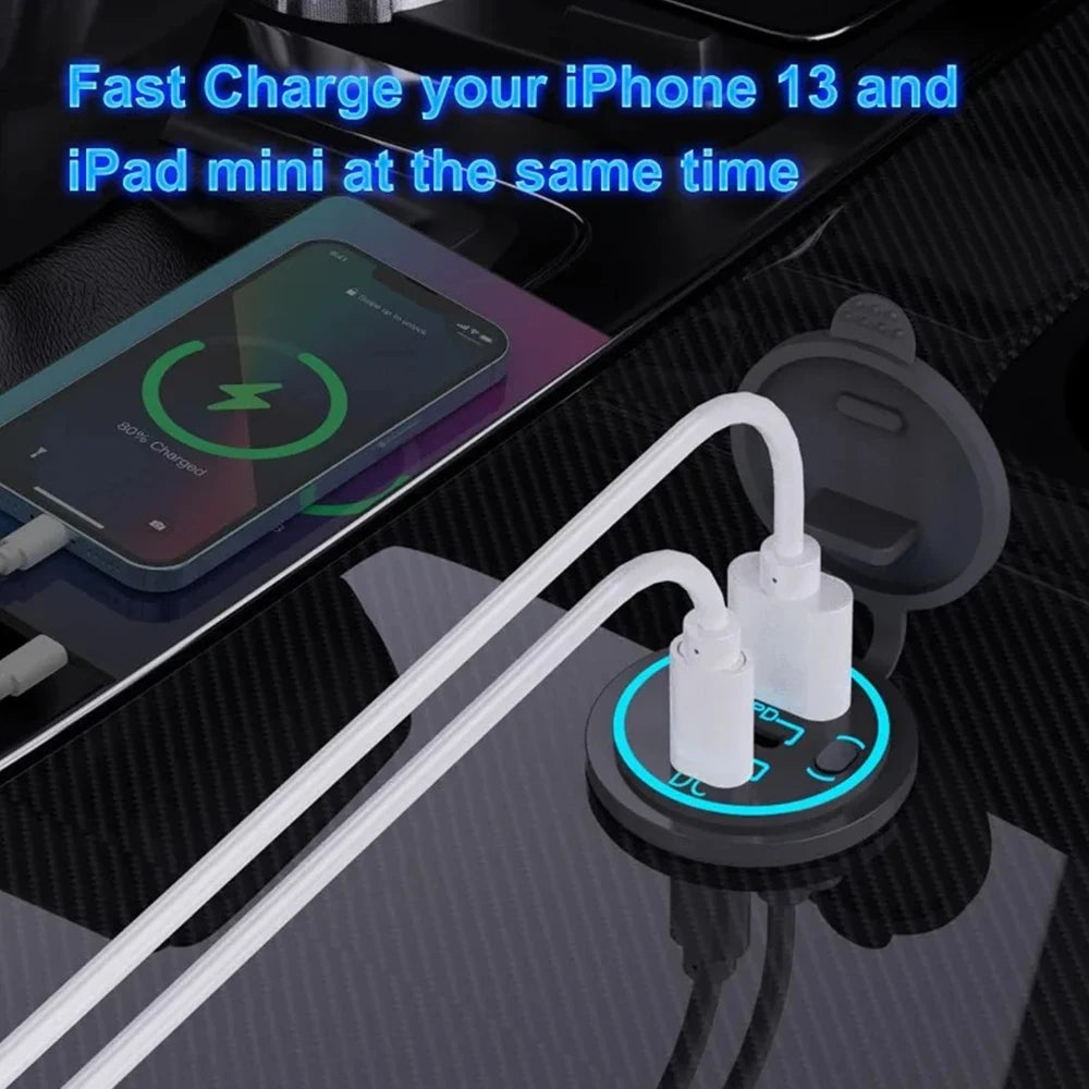 3 Ports Quick Charge Dual PD & QC 3.0 112W Aperture Car Charger Outlet Socket For 12V 24V Motorcycle Boat Marine Truck ATV