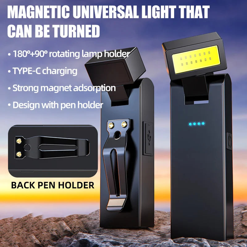 USB Rechargeable Mini LED Light, Magnetic COB Work Flashlight & Clip-On Book Reading Lamp, Night Light for Car Repair, Emergency