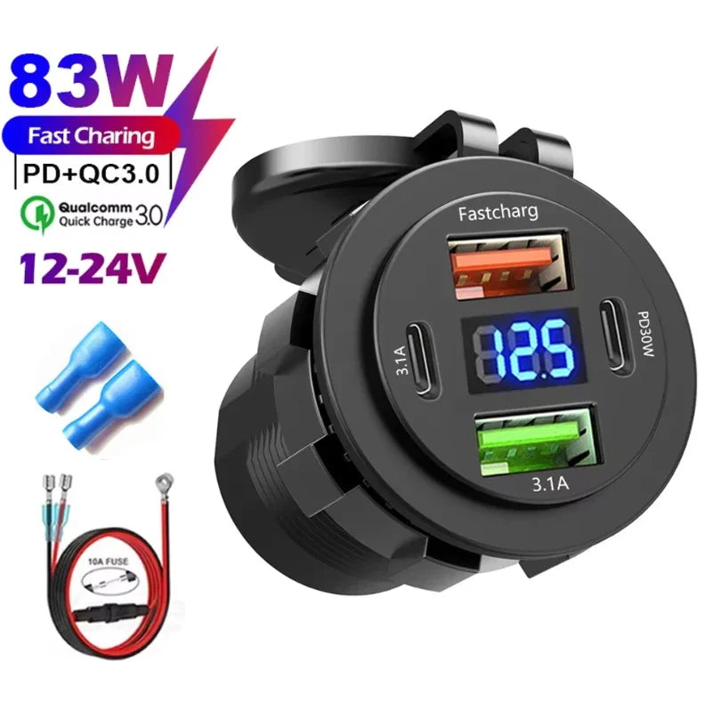 NEW 3/4 Ports Dual PD Dual QC 3.0 USB Car Charger with Voltmeter Socket Power Outlet Adapter Waterproof for 12V/24V Car Boat