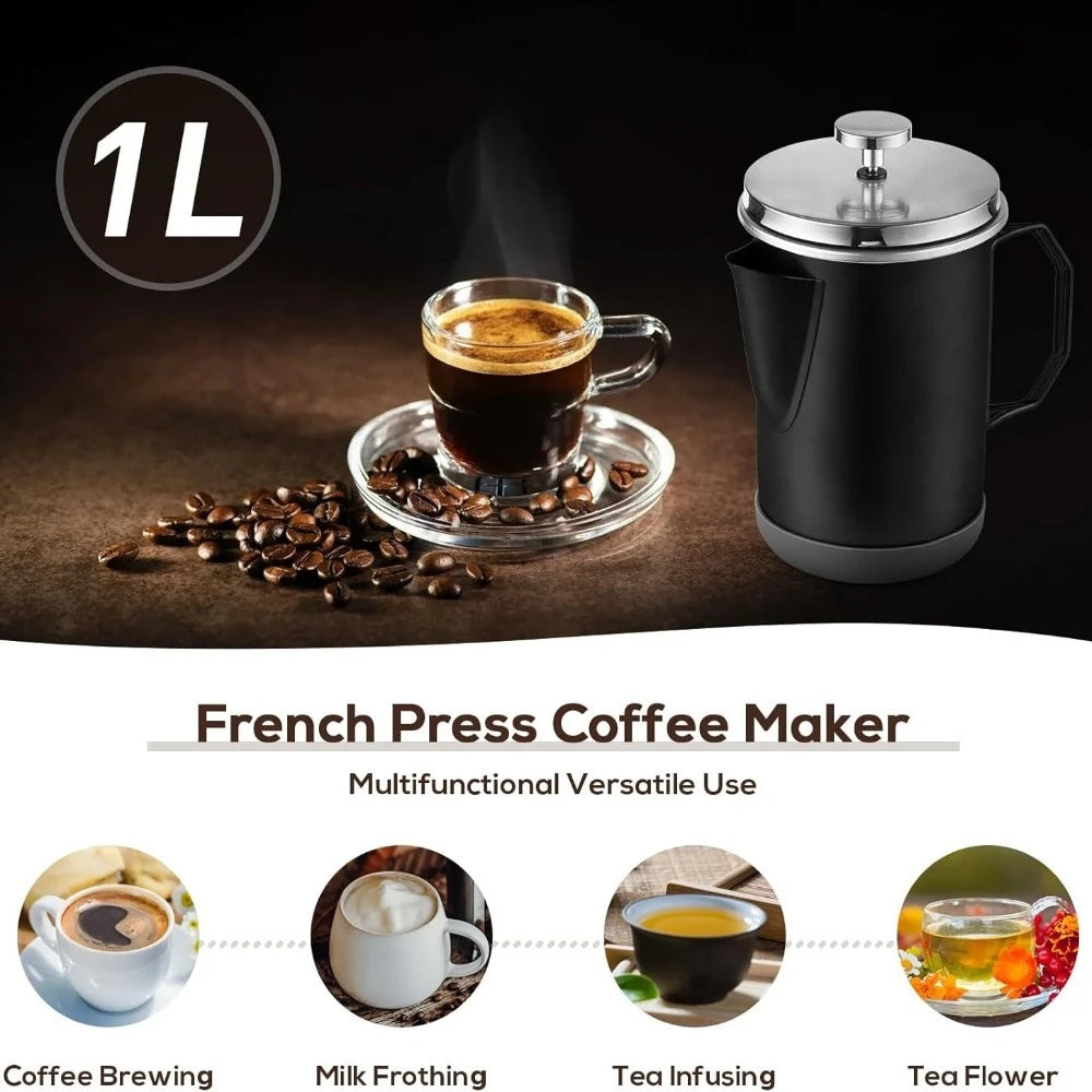 Stainless Steel French Press Coffee Maker 1L, Portable with Foldable Handle for Camping Travel, Home Office Use