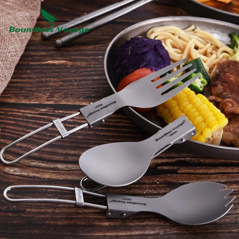 Titanium Camping Tableware Portable Cutlery Folding Spoon Fork Spork Chopsticks Outdoor Picnic Flatware Set Boundless Voyage Hot