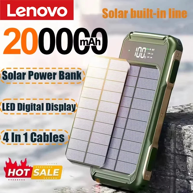 Lenovo 200000mah Ultra Capacity Solar Power Bank 4-in-1 Built In Cable Fast Charging Mobile Power Battery Led Light For Iphone