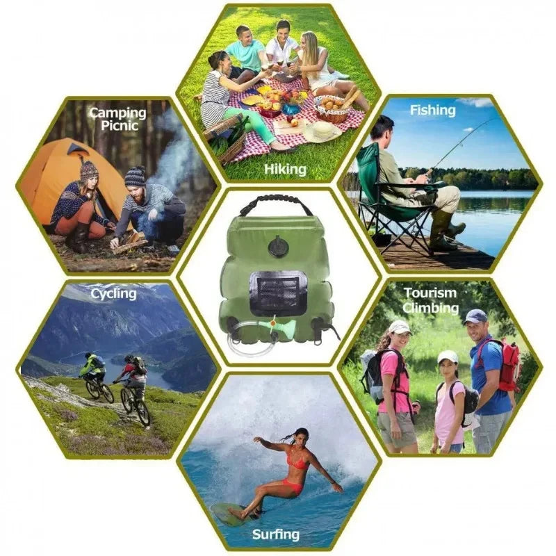 Portable Solar Heating Water Bag 20L, Black  Shower Bag for Camping Hiking Backpacking Outdoor Emergency Use
