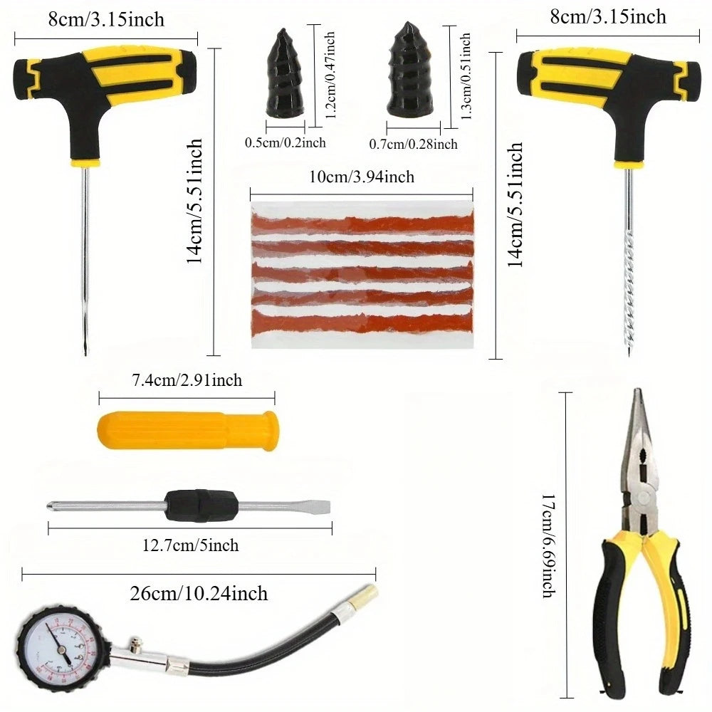 Universal Emergency Tire Repair Kit - Powerful Glue Complete Tools for All Vehicles Car/Motorcycles/Trucks Compact Portable Case