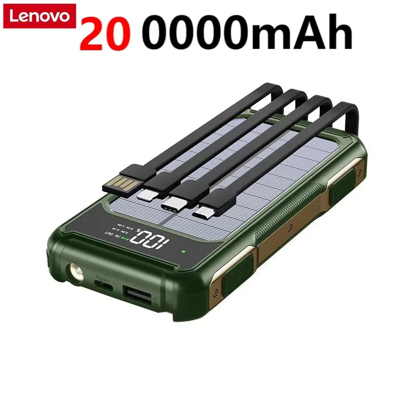 Lenovo 200000mah Ultra Capacity Solar Power Bank 4-in-1 Built In Cable Fast Charging Mobile Power Battery Led Light For Iphone