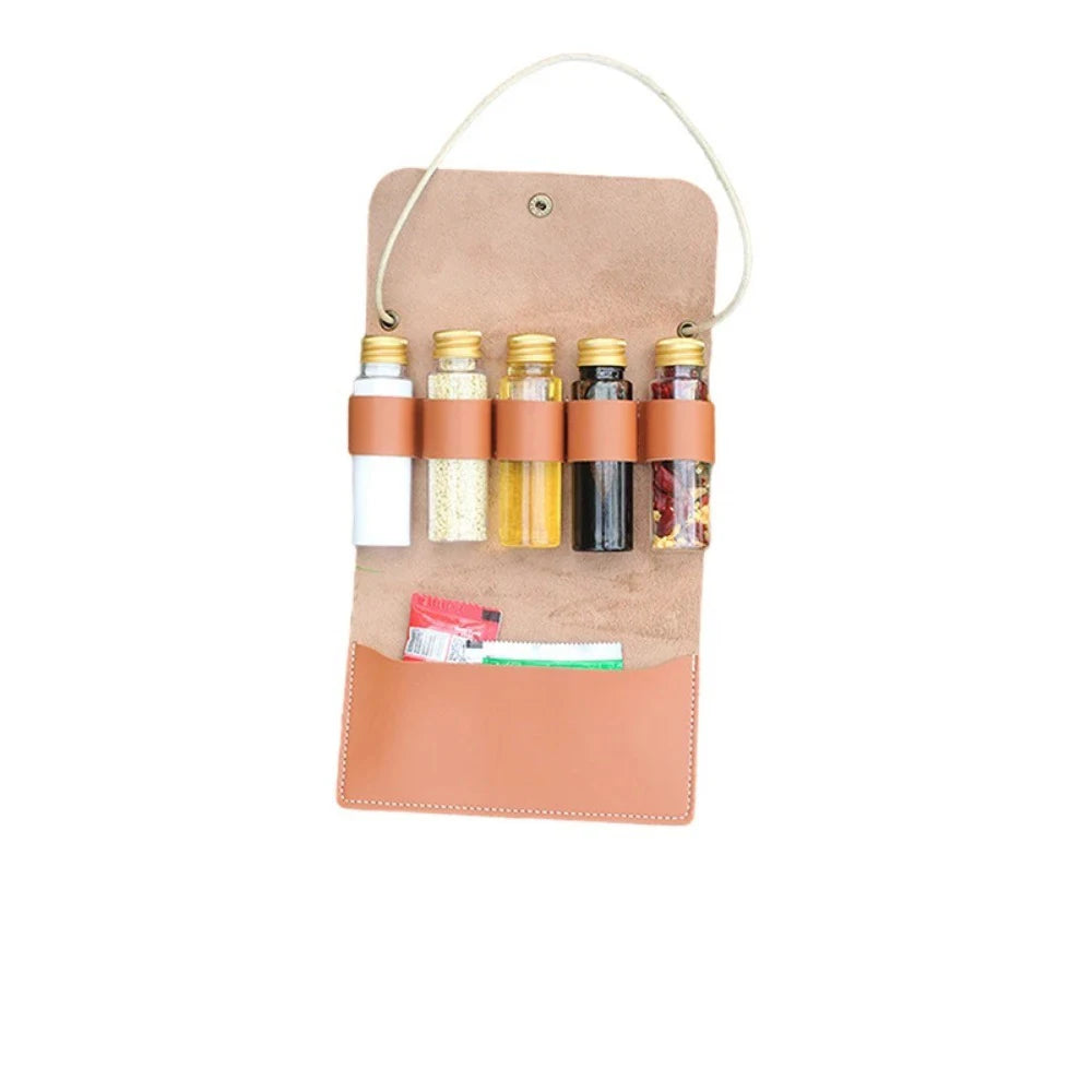 Outdoor Camping Spice Bottle Set Portable Leather Waterproof Camping Hiking Picnic BBQ Barbecue Seasoning Bottle Storage Bag