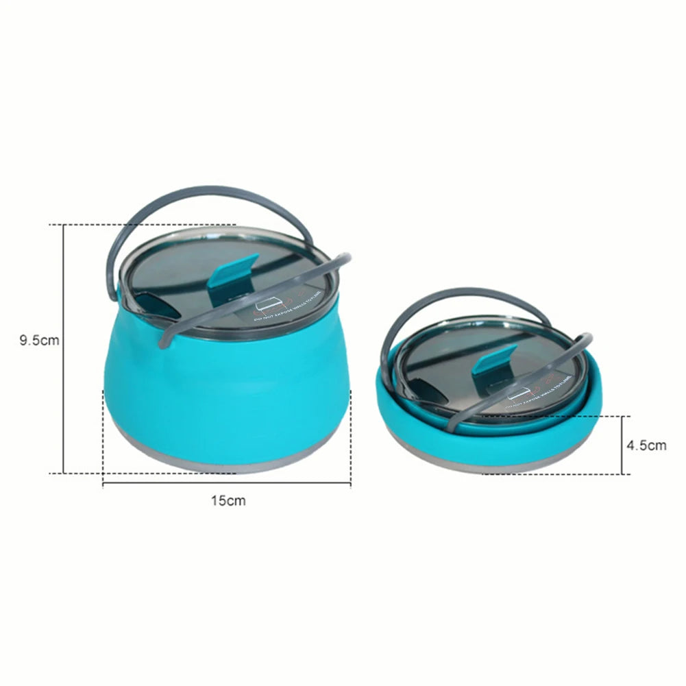 1.5L Silicone Kettle with Handle Outdoor Collapsible Kettle Stainless Steel Bottom Portable Camping Kettle for Travel Picnic