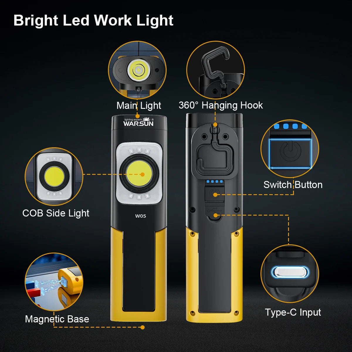 WARSUN W05S LED Work Light Rechargeable Work Light with Magnetic Base Portable Flashlight with Clip Hook and 180° Rotation Stand
