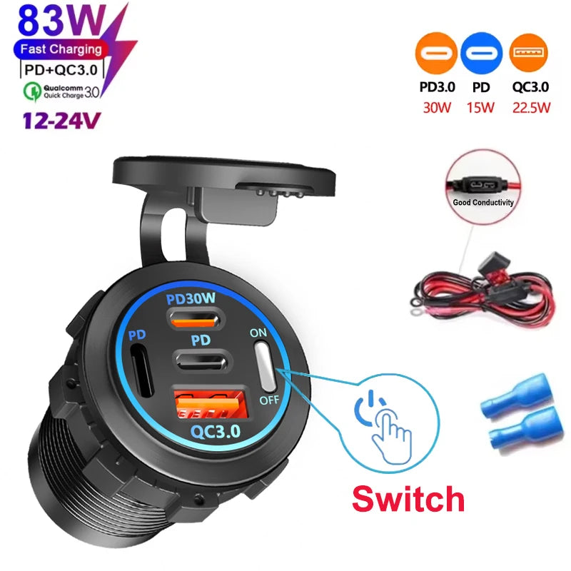 NEW 3/4 Ports Dual PD Dual QC 3.0 USB Car Charger with Voltmeter Socket Power Outlet Adapter Waterproof for 12V/24V Car Boat