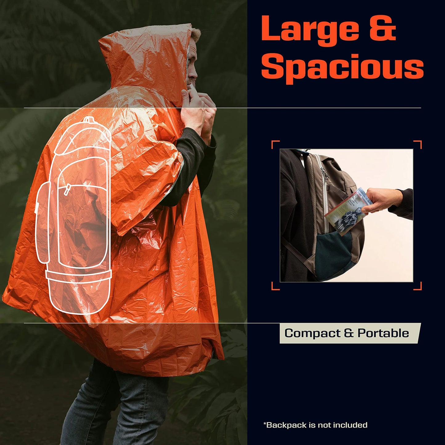 Emergency Rain Poncho with Hood - 4 Pack, PE, Water-Resistant & Thermal Mylar Lined, Survival Blankets for Camping Gear
