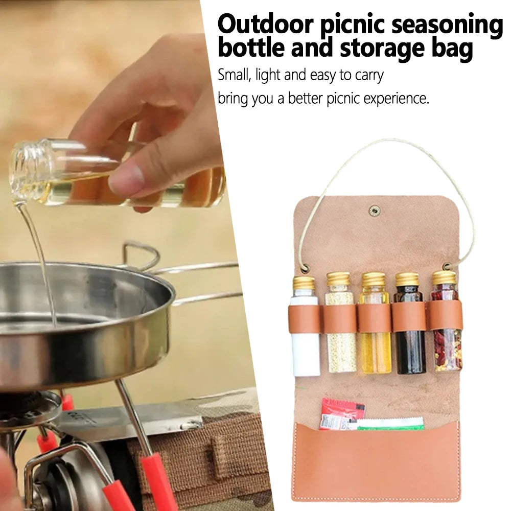 Outdoor Camping Spice Bottle Set Portable Leather Waterproof Camping Hiking Picnic BBQ Barbecue Seasoning Bottle Storage Bag