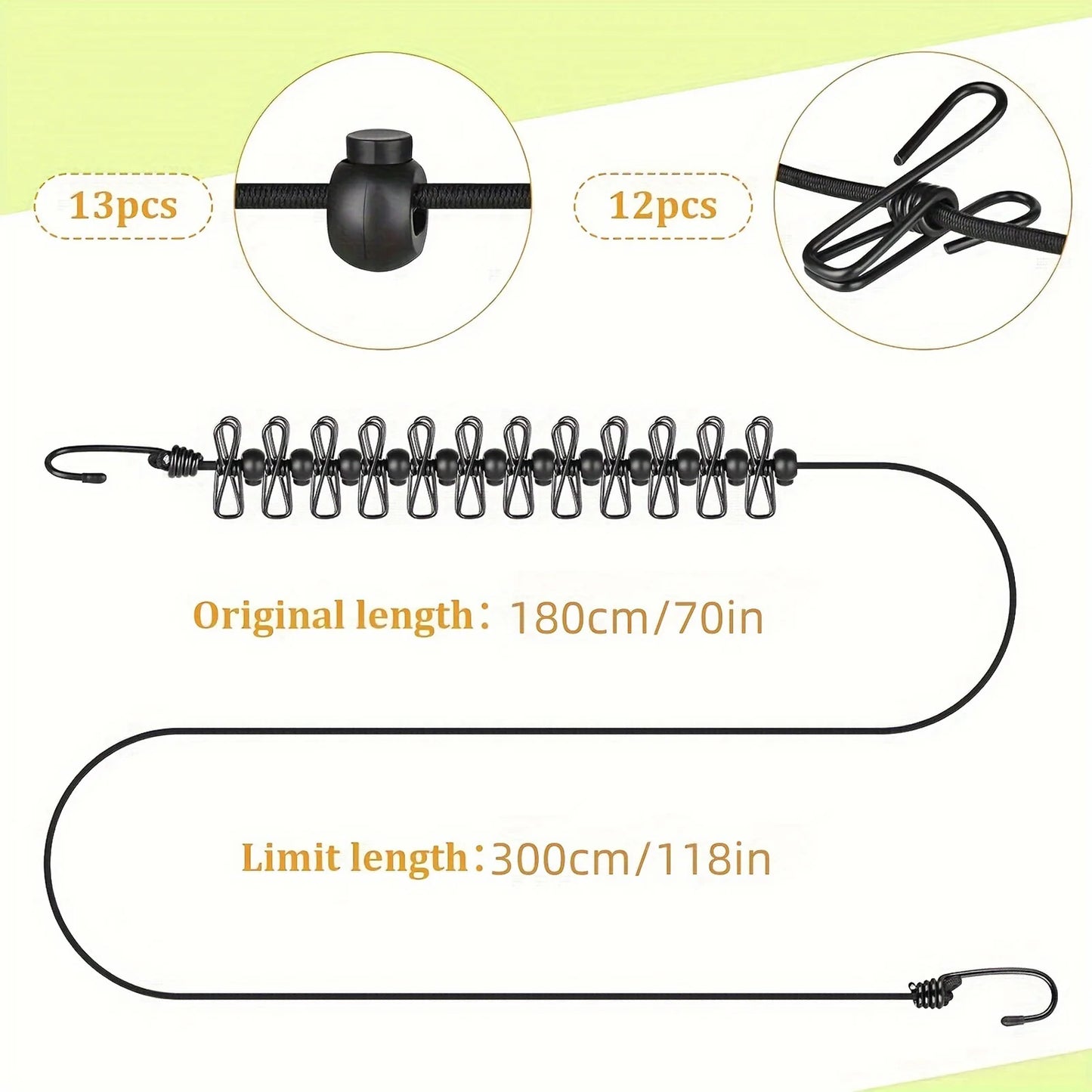 Portable Travel Clothesline with 12 Clips Plastic Non-Slip Retractable Clothes Drying Rope for Home Travel and Outdoor Hanging