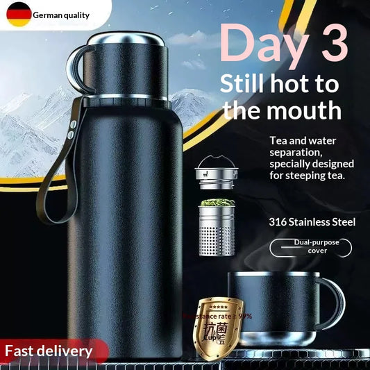 316 Stainless Steel Insulated Water Bottle 1L Large Capacity Double Wall Vacuum Flask Leak Proof for Outdoor Travel with Handle