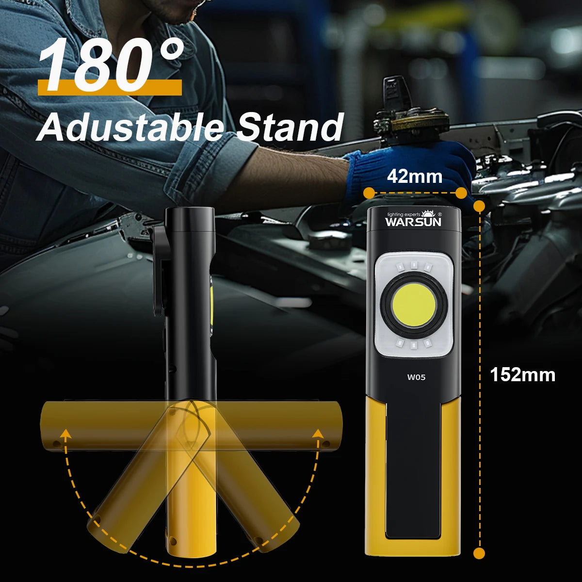 WARSUN W05S LED Work Light Rechargeable Work Light with Magnetic Base Portable Flashlight with Clip Hook and 180° Rotation Stand