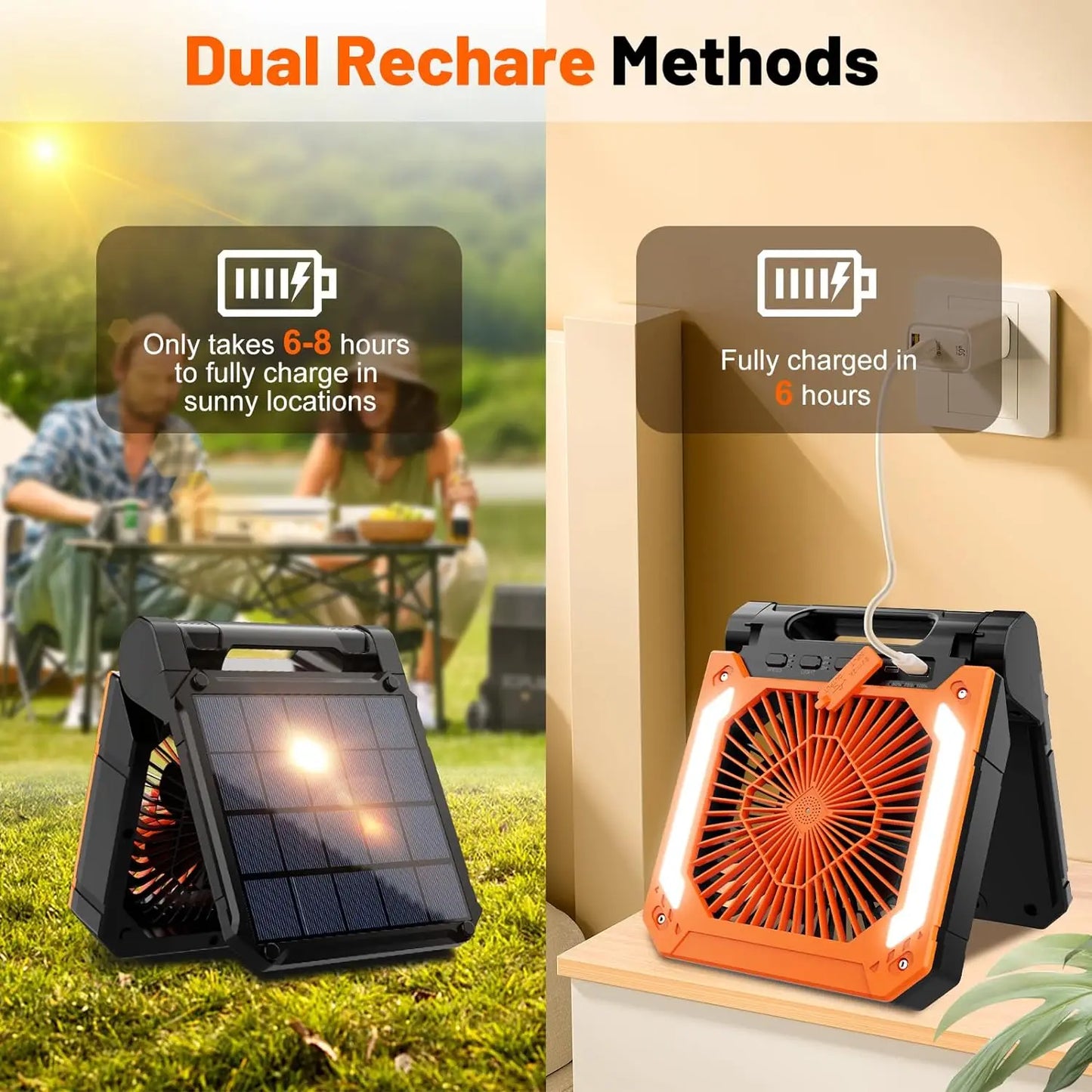 Cordless Portable Electric Fan With Led Light Tent Car Camping Hook&USB&Solar Charging For Hiking Fishing Picnic Emergency