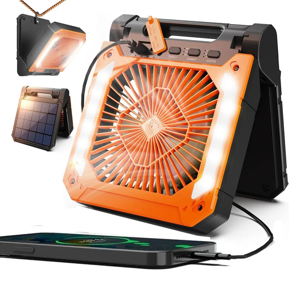 Cordless Portable Electric Fan With Led Light Tent Car Camping Hook&USB&Solar Charging For Hiking Fishing Picnic Emergency