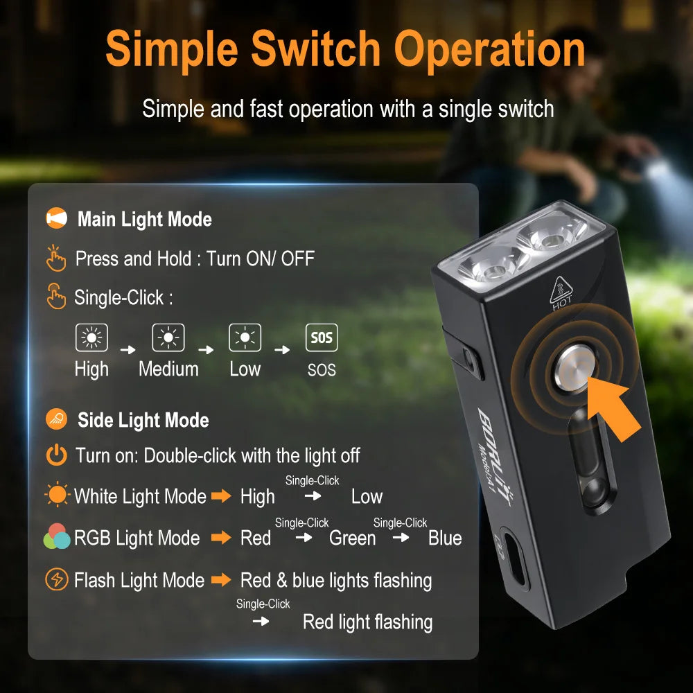 BORUiT A1 LED Keychain Flashlight Mini Pocket Flashlight 580Lm USB Rechargeable Torch Clip Cap Light Magnetic Camping Lantern