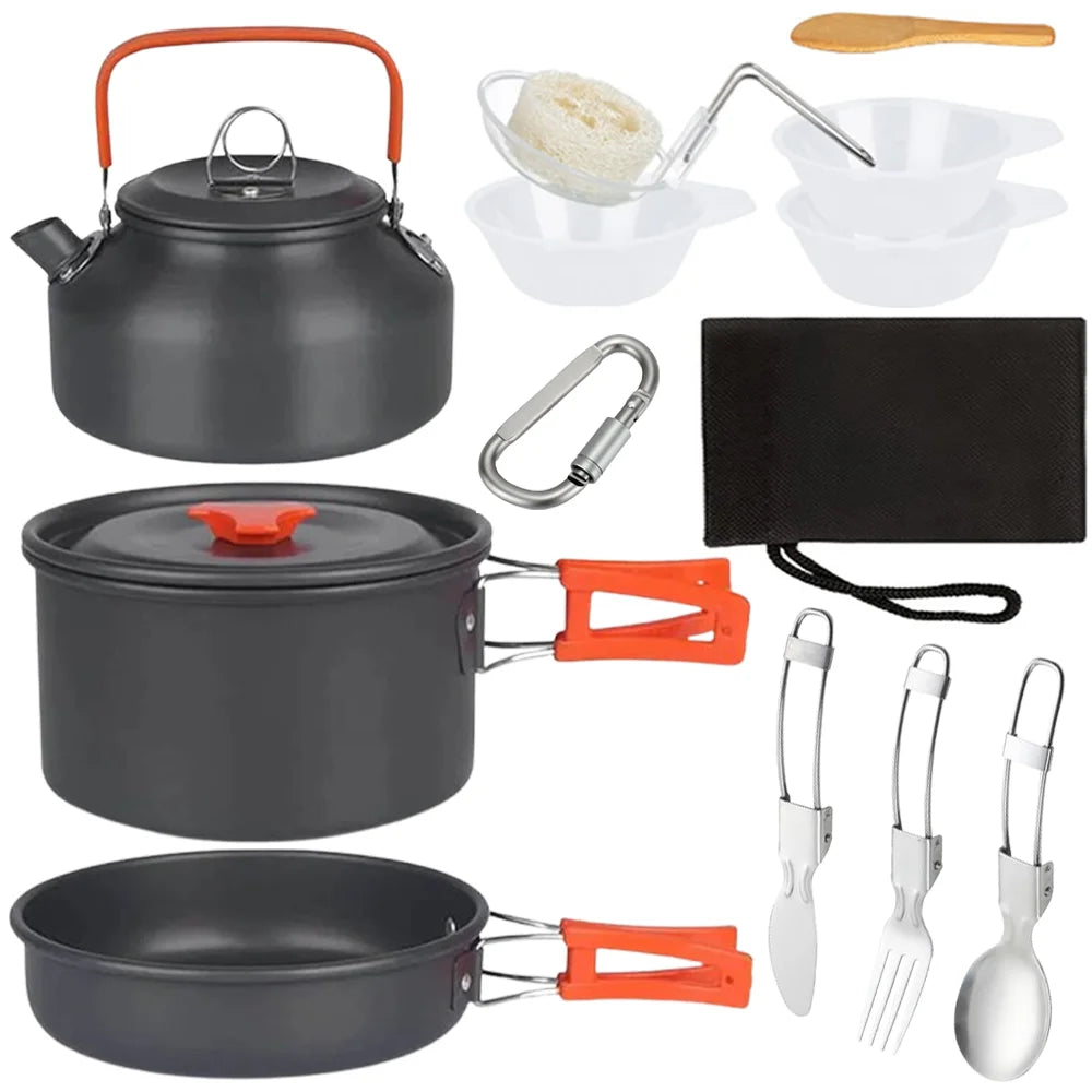 Outdoor camping cookware set made of aluminum alloy material not easy to stick to the pot nested packaging convenient to carry
