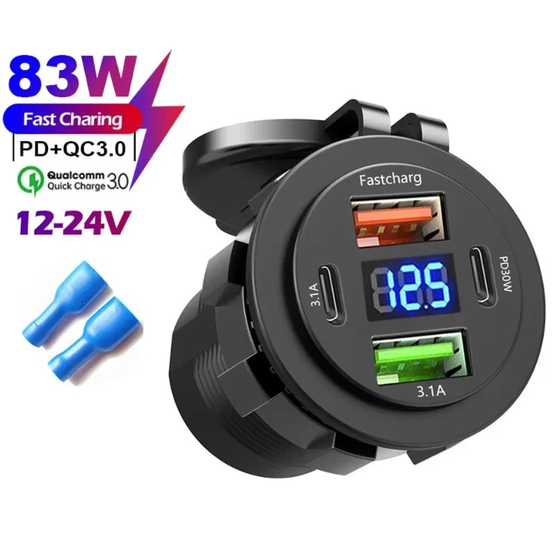 NEW 3/4 Ports Dual PD Dual QC 3.0 USB Car Charger with Voltmeter Socket Power Outlet Adapter Waterproof for 12V/24V Car Boat