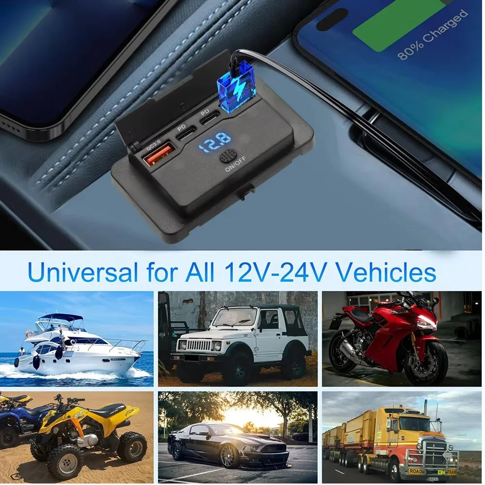 96W Dual PD Dual QC3.0 Type C USB Quick Charger 3.0 with Switch Fast Charging 4 Port Power Panel For Bus 12-24V Car Truck Marine