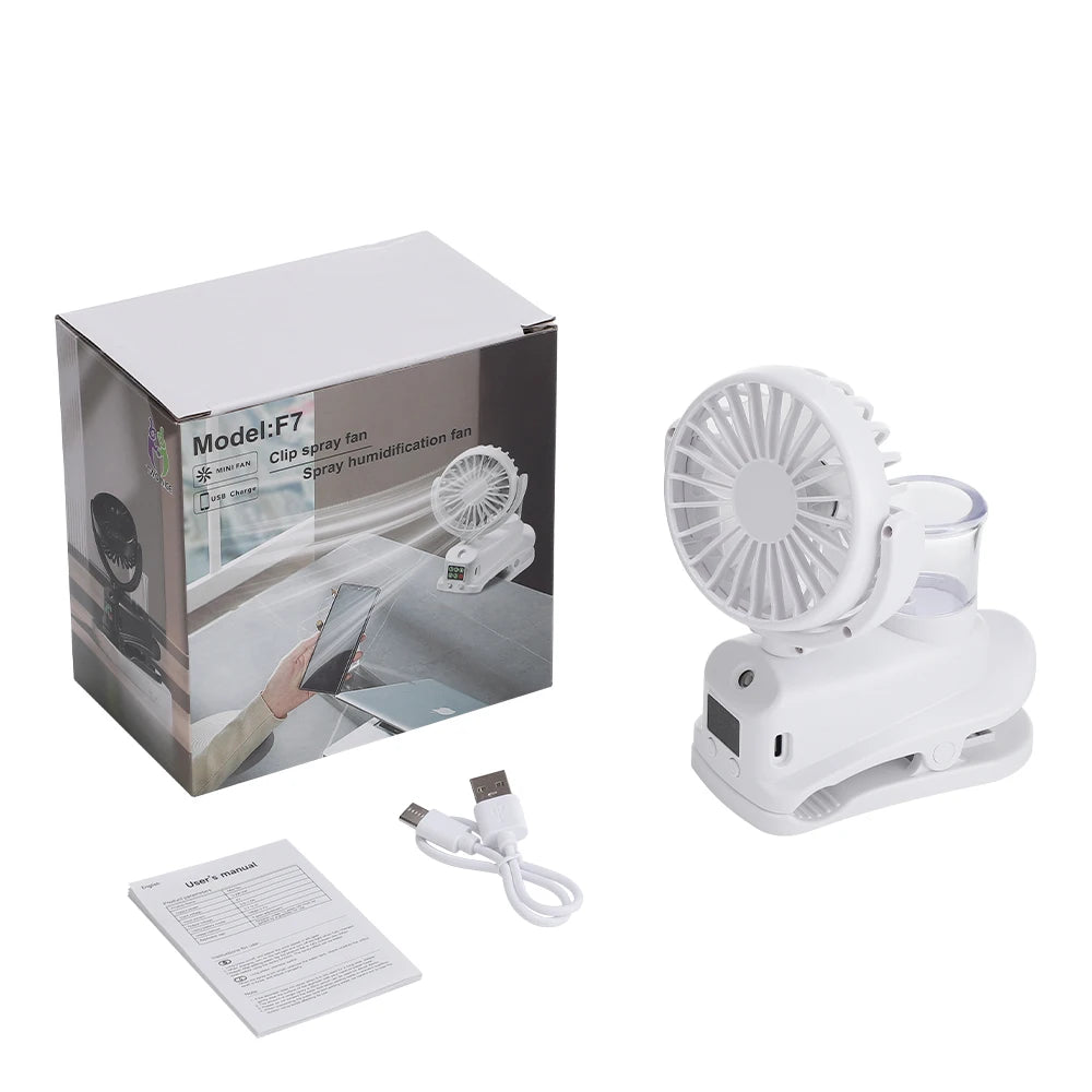 2026 Portable Clip On Fan 4 Speeds USB Mini Air Cooling Fan With Humidifier For Car Desk Camping 360°Rotatable Mist Spray Fan