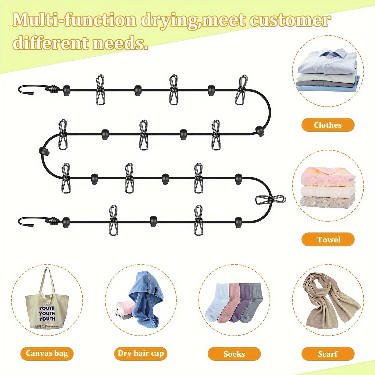 Portable Travel Clothesline with 12 Clips Plastic Non-Slip Retractable Clothes Drying Rope for Home Travel and Outdoor Hanging