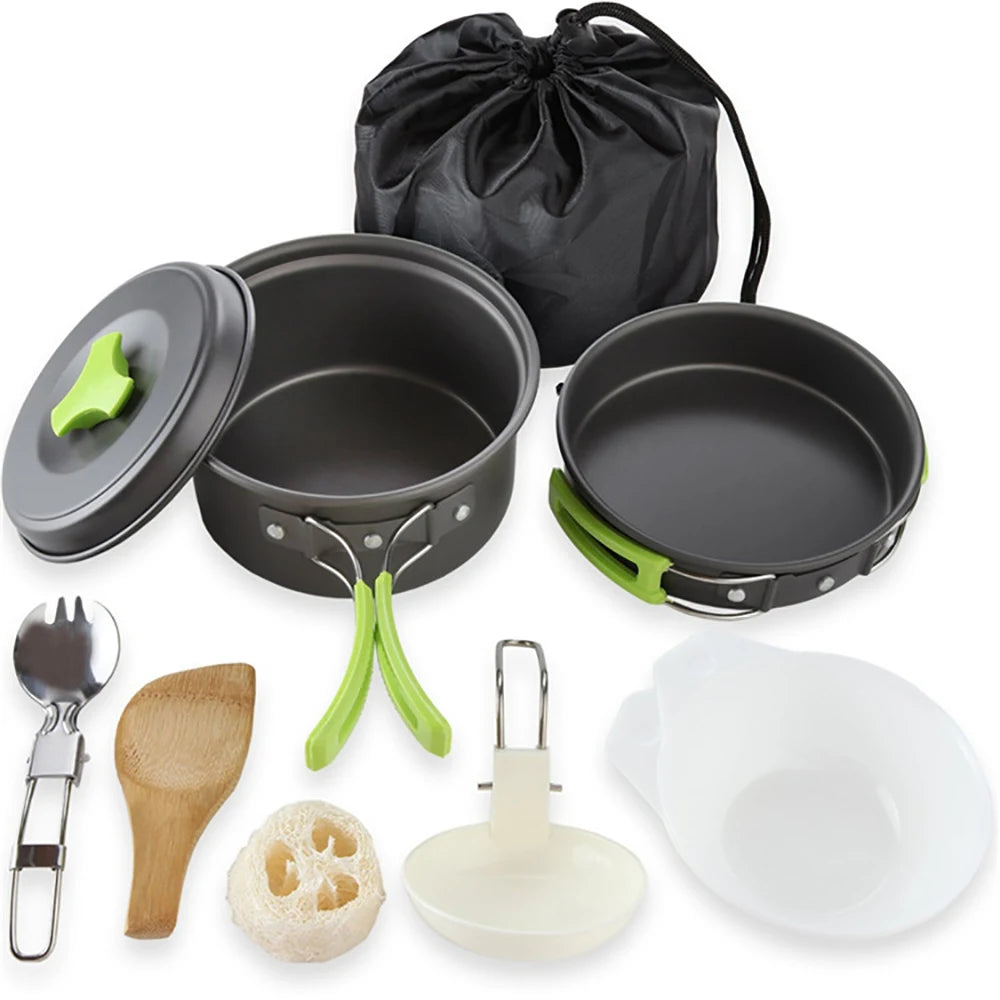All-in-One Lightweight Aluminum Alloy Camping Cookware Set Non-Stick Nestable Design Portable Outdoor Cooking Gear with Mesh Bag