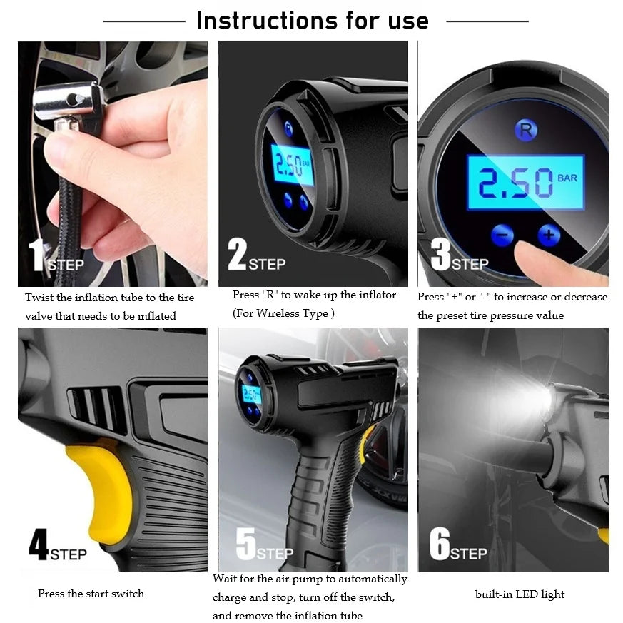 120W Car Air Pump Wired Wireless Inflatable Portable Compressor Digital Rechargeable Car Automatic Tire Inflator Equipment