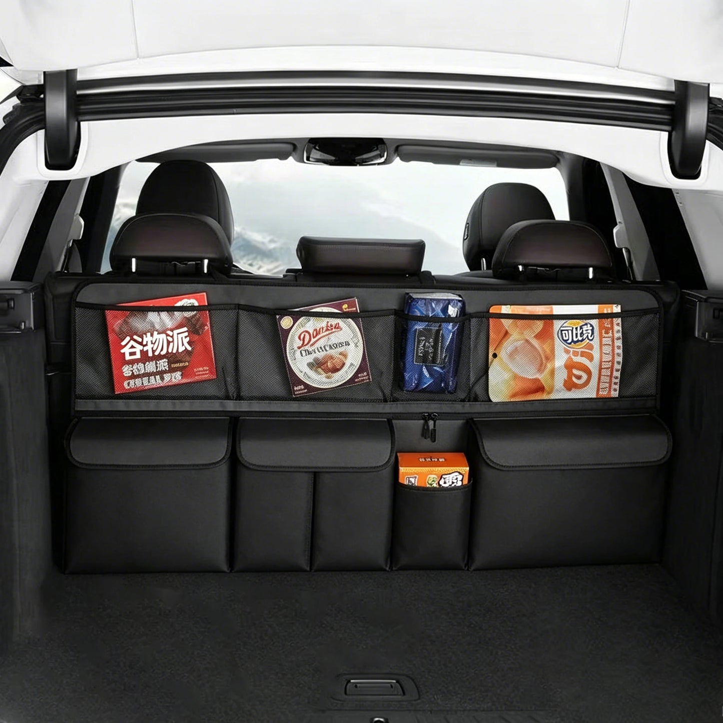 Backseat Trunk Organizer Multi-Pocket Hanging Car Storage Bag with Mesh Pockets & Zippered Compartment for SUV Minivans Truck