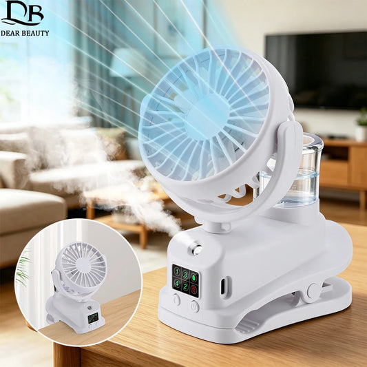 2026 Portable Clip On Fan 4 Speeds USB Mini Air Cooling Fan With Humidifier For Car Desk Camping 360°Rotatable Mist Spray Fan