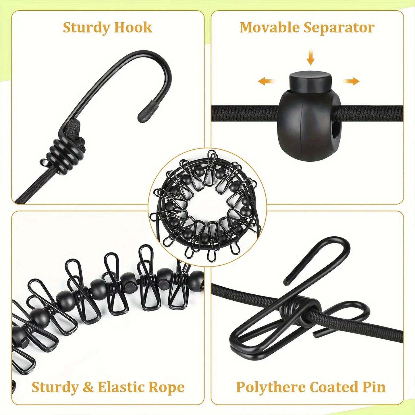 Portable Travel Clothesline with 12 Clips Plastic Non-Slip Retractable Clothes Drying Rope for Home Travel and Outdoor Hanging